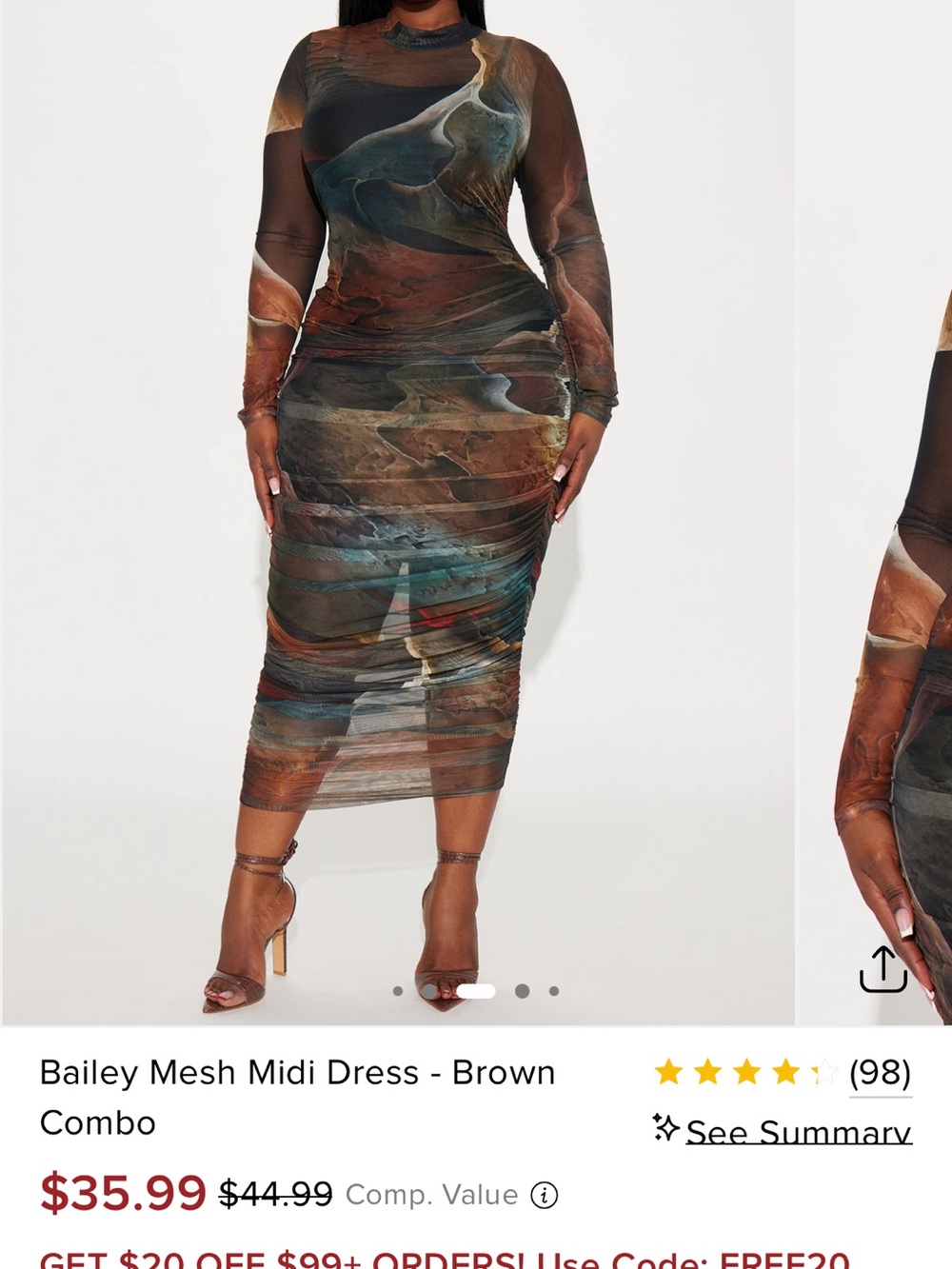 Mesh Ruched Midi Dress in Brown Multi